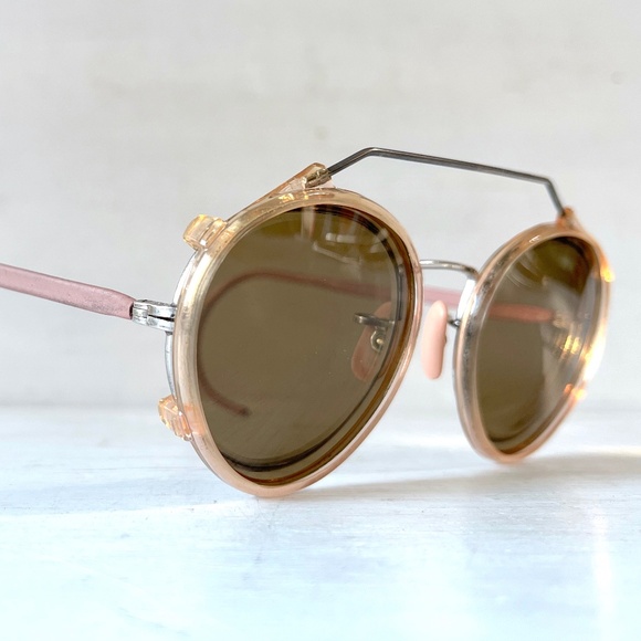 Antique Larry Davis Metal Round Eyeglasses w Sunglasses Clip On Near Sighted Rx - Picture 2 of 16